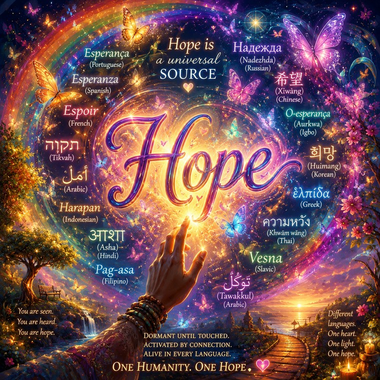 The word Hope written large in light, ringed by the word in many languages: Esperanca in Portuguese, Nadezhda in Russian, Xiwang in Chinese, Esperanza in Spanish, Espoir in French, Tikvah in Hebrew, Amal and Tawakkul in Arabic, Harapan in Indonesian, Asha in Hindi, Pag-asa in Filipino, Vesna in Slavic, Elpida in Greek, Khwam wang in Thai, Huimang in Korean and O-esperanca in Igbo, with butterflies and a hand reaching to touch the light