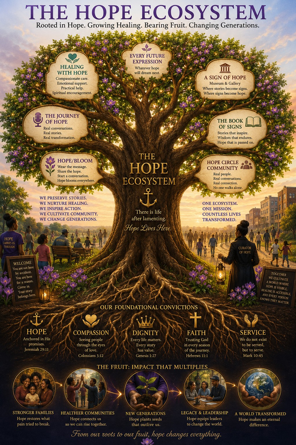 The Hope Ecosystem map: a great tree at sunrise, its branches carrying signs for Healing With Hope, Every Future Expression, A Sign of Hope, The Journey of Hope, The Book of Signs, Hope/Bloom and Hope Circle Community. People gather on the path beneath it, a welcome board reads You are not here by accident, and the roots below are lettered Hope, Compassion, Dignity, Faith and Service. Along the bottom, five circles read Stronger Families, Healthier Communities, New Generations, Legacy and Leadership, and A World Transformed