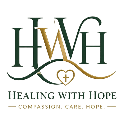 The Healing With Hope mark: the letters H W H in green and gold, joined by a ribbon, with a heart and a cross beneath them