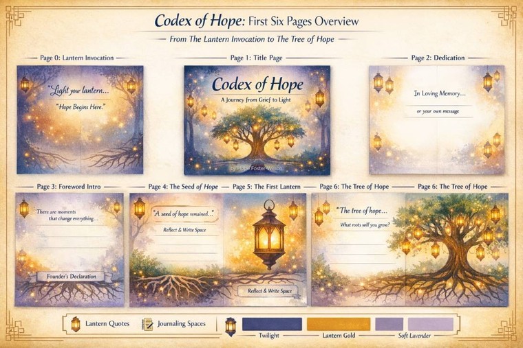 The Codex of Hope first six pages overview: the lantern invocation, the title page reading Codex of Hope, A Journey from Grief to Light, by Hope Foster-Wilson, the dedication page, the foreword, The Seed of Hope, The First Lantern and The Tree of Hope, each drawn as a lantern-lit page with space to write