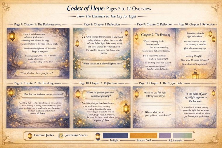 The Codex of Hope overview of pages 7 to 12: Chapter 1 The Darkness, Chapter 2 The Breaking and Chapter 3 The Cry for Light, each with a poem page, a reflection page and journaling prompts