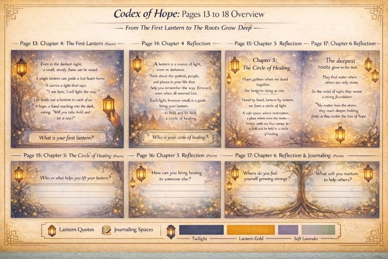 The Codex of Hope overview of pages 13 to 18: Chapter 4 The First Lantern, Chapter 5 The Circle of Healing and Chapter 6, with journaling prompts asking what your first lantern is and who your circle of healing is