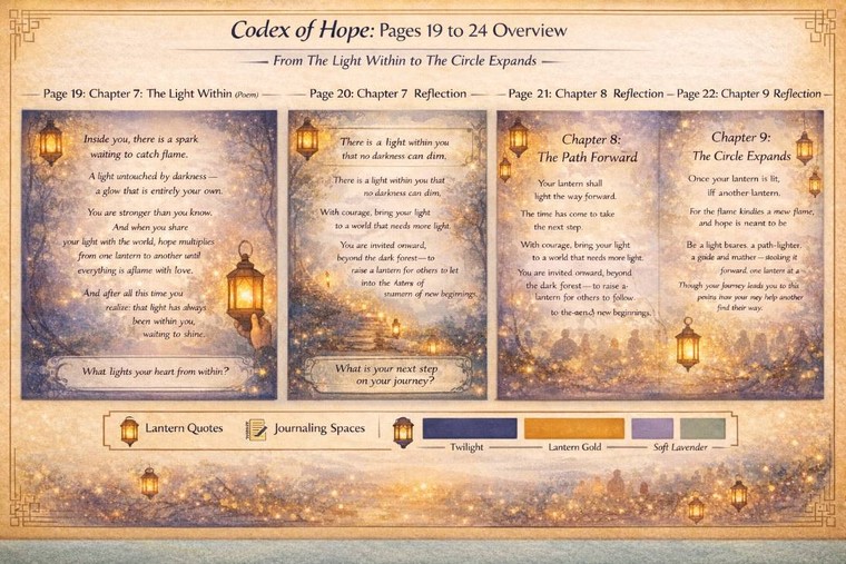 The Codex of Hope overview of pages 19 to 24: Chapter 7 The Light Within, Chapter 8 The Path Forward and Chapter 9 The Circle Expands, with prompts asking what lights your heart from within and what your next step is