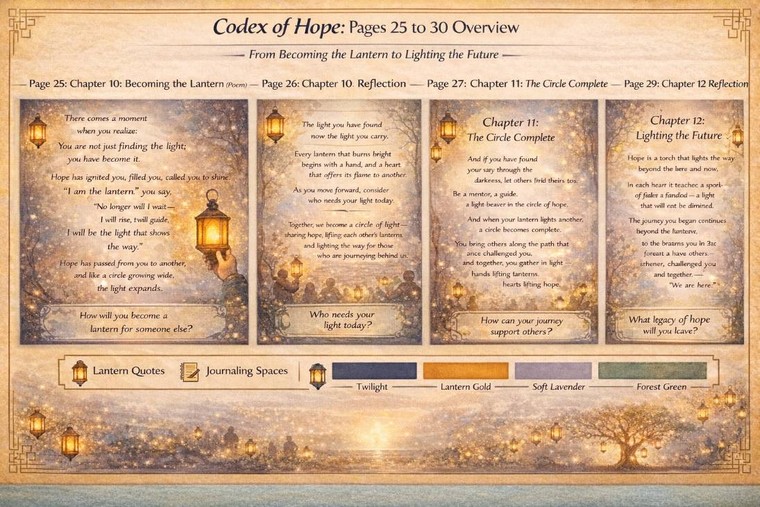 The Codex of Hope overview of pages 25 to 30: Chapter 10 Becoming the Lantern, Chapter 11 The Circle Complete and Chapter 12 Lighting the Future, with prompts asking who needs your light today and what legacy of hope you will leave