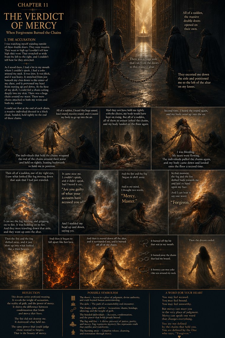 A dark illustrated spread. A woman in a pale dress stands chained before massive double doors, hooded figures holding the chains, a lit altar far down the aisle. In later panels she is lifted and dropped by the chains, a fog and a fire move down the aisle toward her, a voice asks whether she is guilty of what her accusers have accused her of, she answers Mercy, Master, and hears one word, Forgiven. The fire then burns away the bit in her mouth, the chains and the yoke
