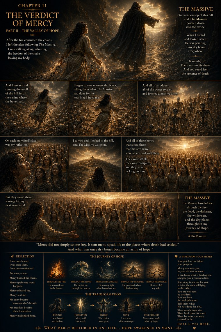 A dark illustrated spread. The woman follows a great cloaked figure, The Massive, to the top of a hill overlooking a ravine full of dry bones. She runs down among them telling them what was done for her, and the bones rise into an army. Every face in that army is her own reflection. The bones are covered with flesh, whole and lacking nothing, and they stand waiting for her next command