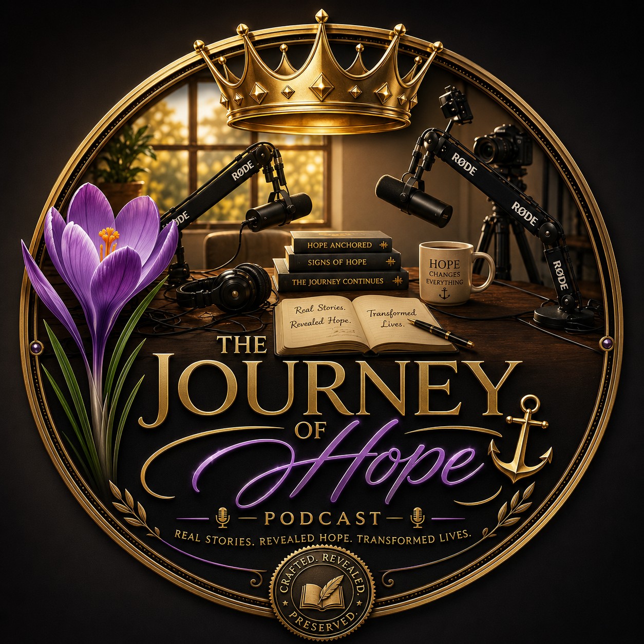 The Journey of Hope Podcast cover: a gold ring around a recording table with two microphones and headphones, a crown above it, a purple crocus at the left and a gold anchor at the right. Books on the table read Hope Anchored, Signs of Hope and The Journey Continues, an open notebook reads Real Stories, Revealed Hope, Transformed Lives, and a mug reads Hope Changes Everything. A seal beneath reads Crafted, Revealed, Preserved