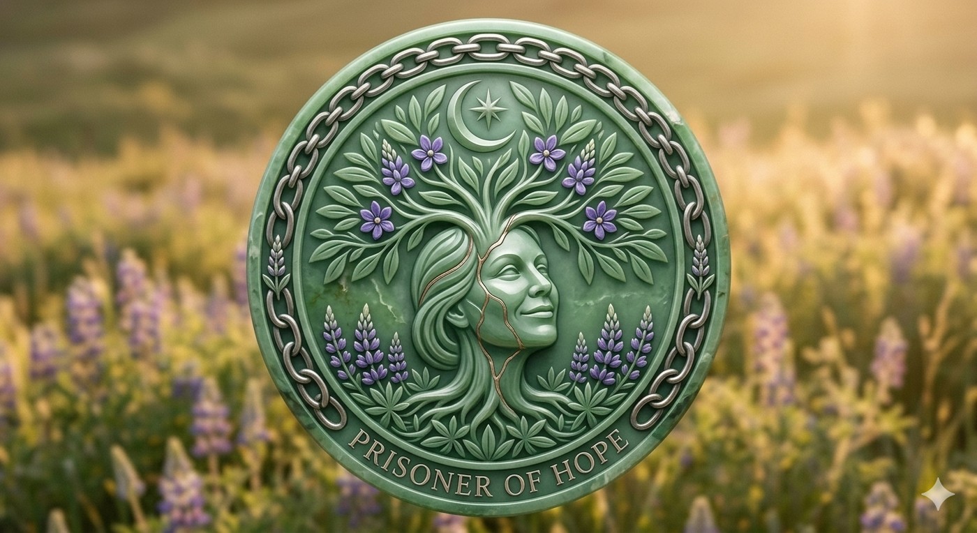 A carved green stone medallion lying in a field of lavender. A woman's face rests within a tree whose leaves and flowers become her hair, a crescent moon and star above her, a broken chain running around the rim, and the words PRISONER OF HOPE cut into the stone at the foot