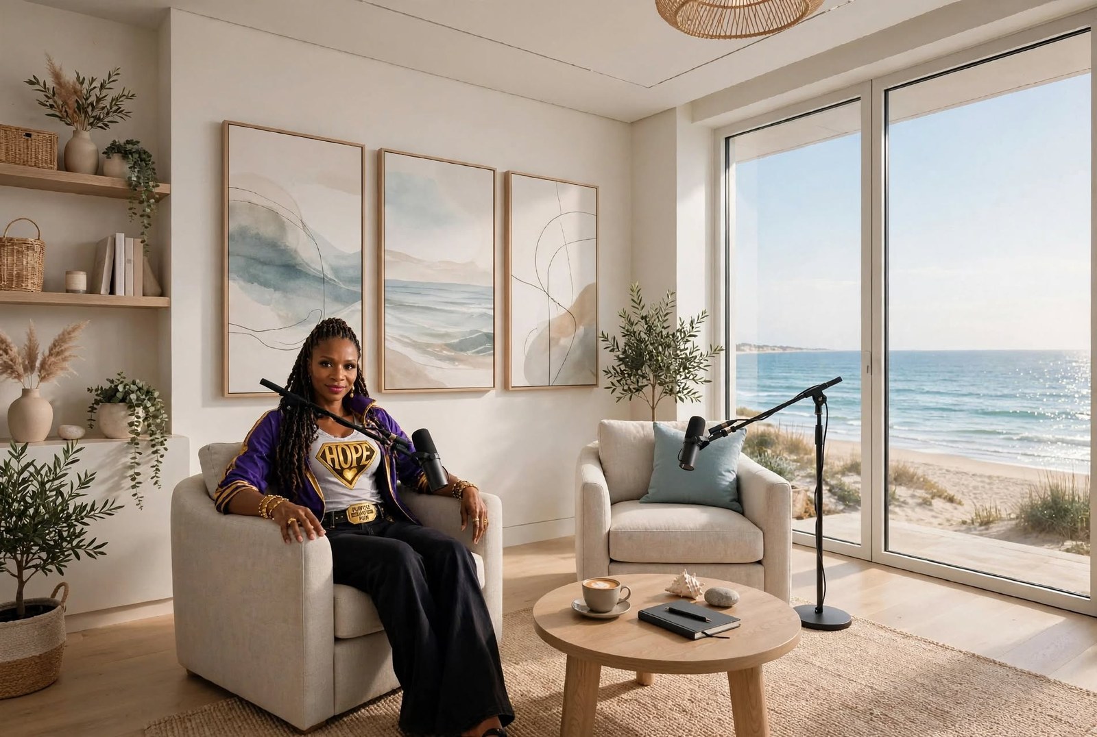 Hope Foster-Wilson seated in the podcast room above the shore, wearing a purple
                jacket over a HOPE shirt, a microphone beside her. A second chair with its own
                microphone faces her across a low table, and the sea fills the window from floor
                to ceiling