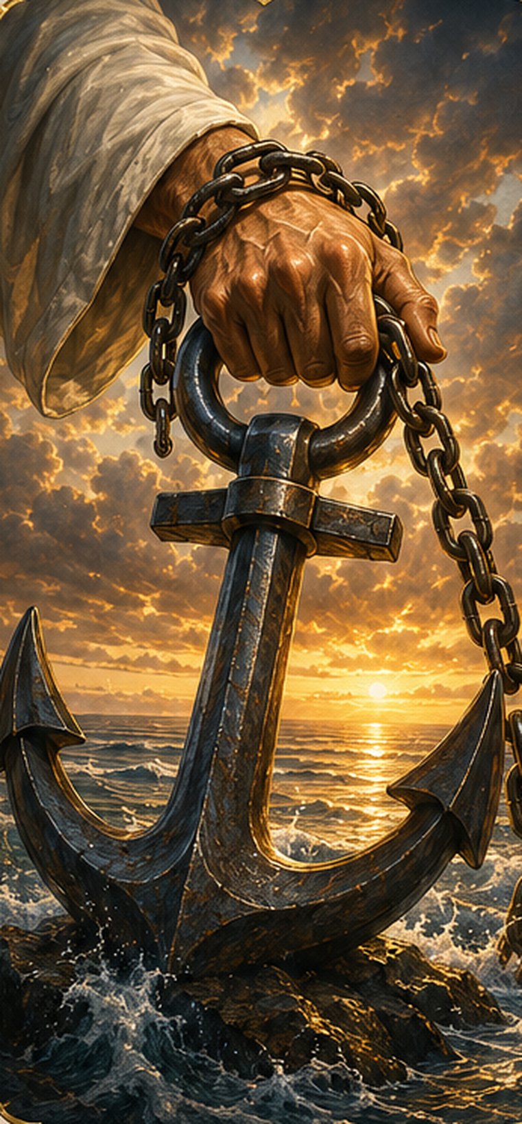 A hand gripping the top of a great anchor standing in the sea at sunrise, the heavy chain resting across the hand